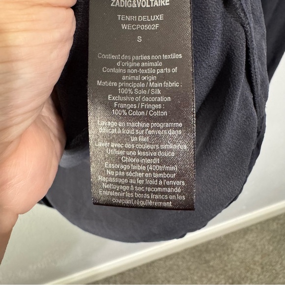 Zadig & Voltaire navy Button Down silk Shirt with fringe Bib Collar small - Picture 9 of 9